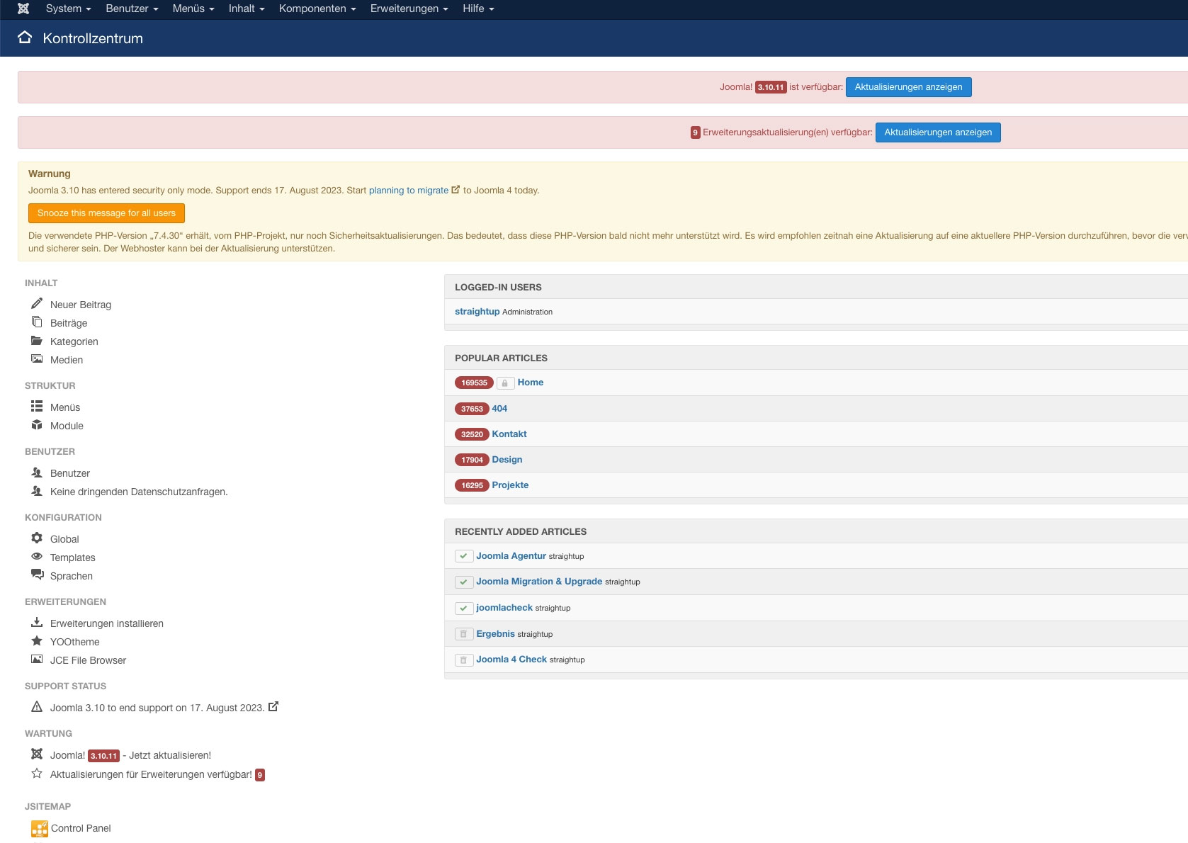 Backend-Hinweis in Joomla 3 mit dem Hinweis auf die neu verfügbare Joomla-Version 4.